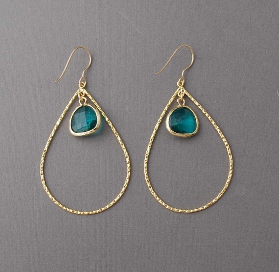 Gold Teardrop Hoop Earrings With Teal Glass Drops