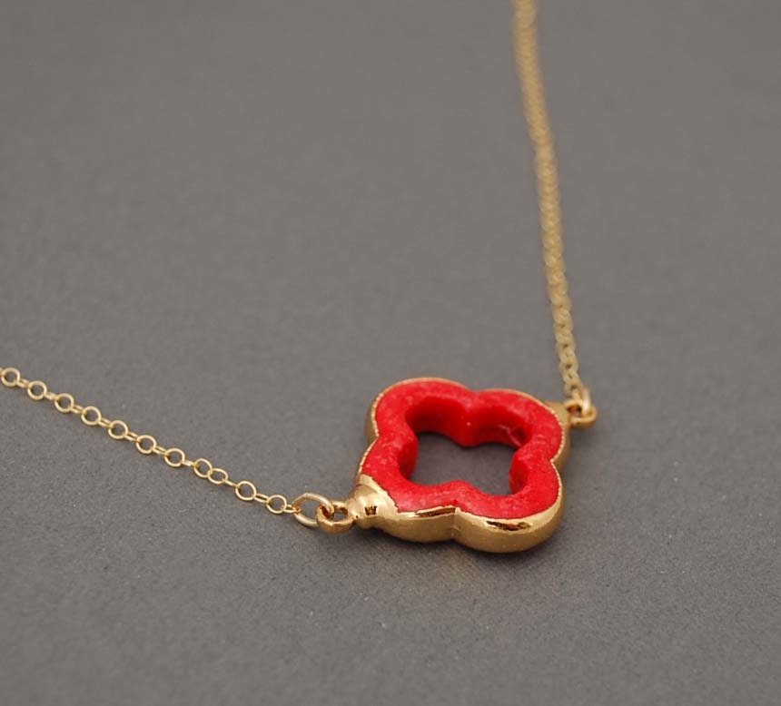 Red Coral Four Leaf Clover Gold Necklace