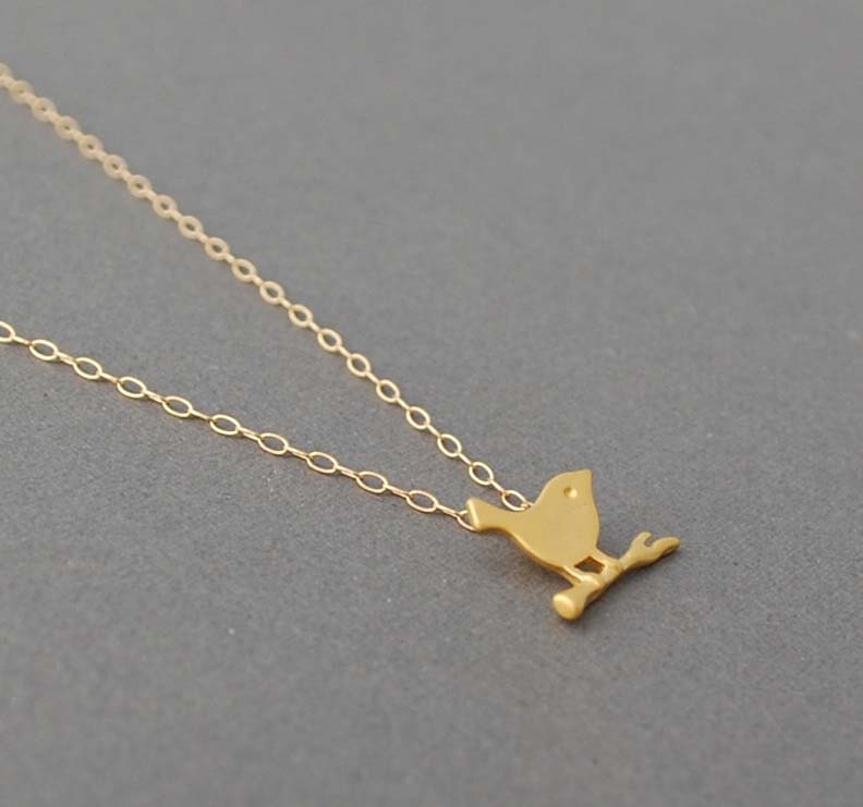 Tiny Gold Bird on Branch Necklace also available in Silver