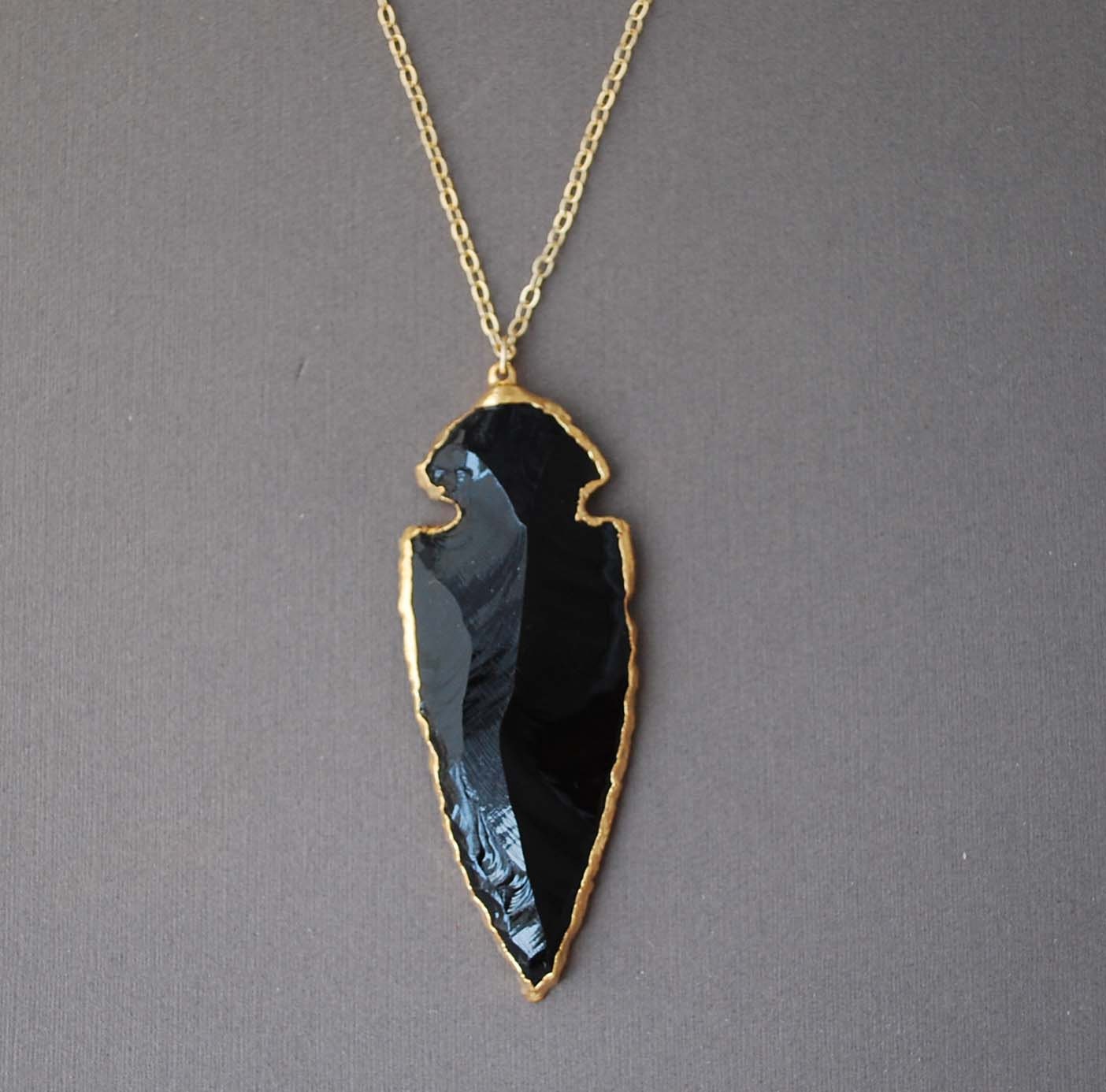 Long 30" Black Obsidian Arrowhead Gold Necklace