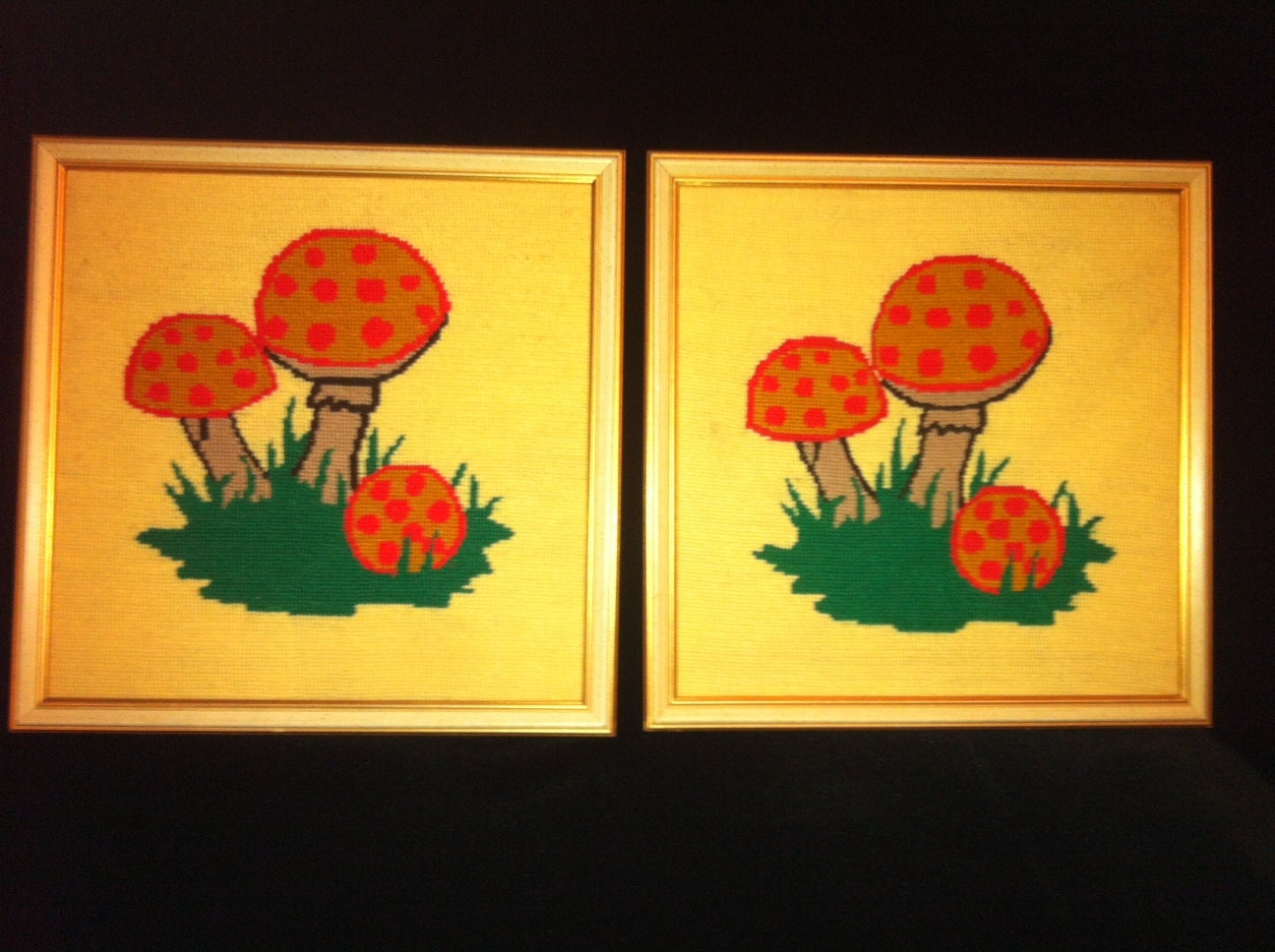Set of 2 Retro Mushroom Framed Needle Points c 1960s