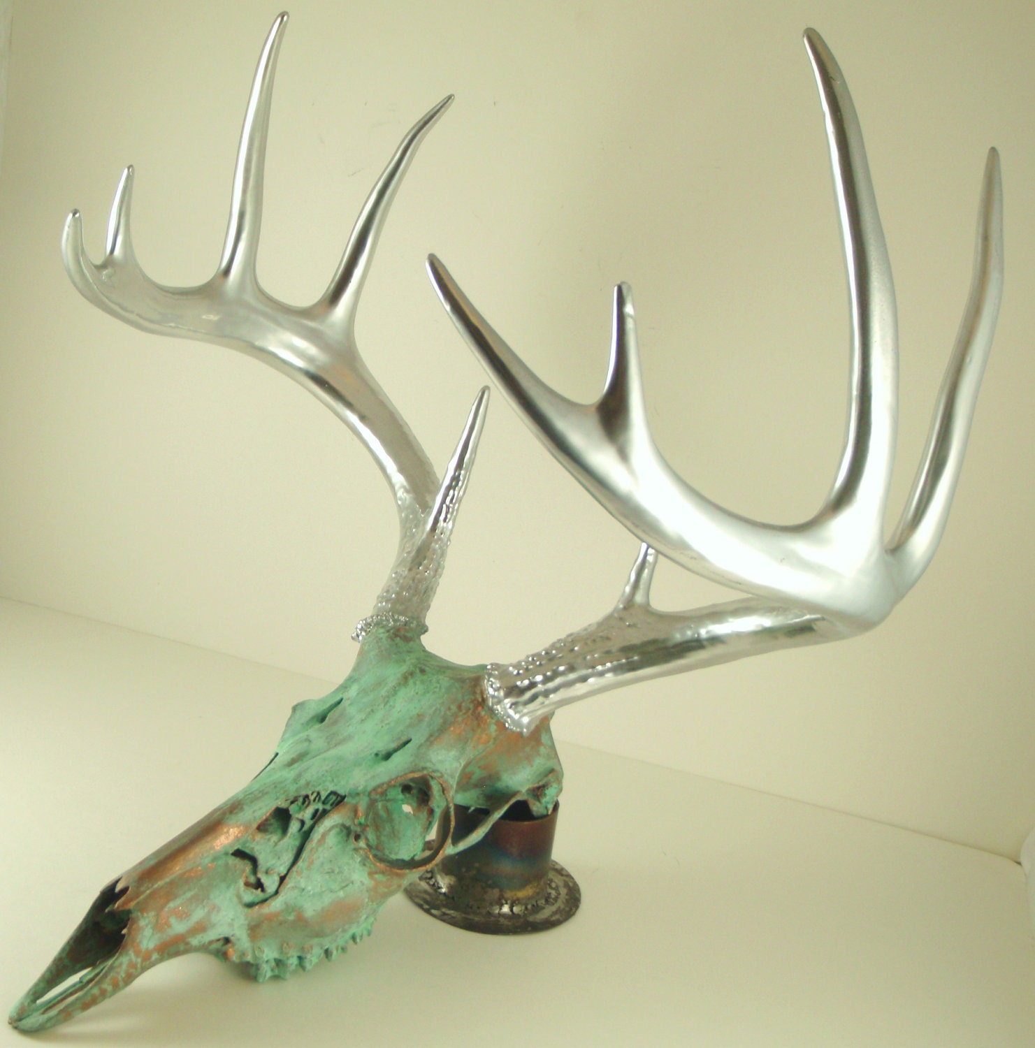 Copper Aged with Green Patina and Chrome Deer Skull Art Sculpture