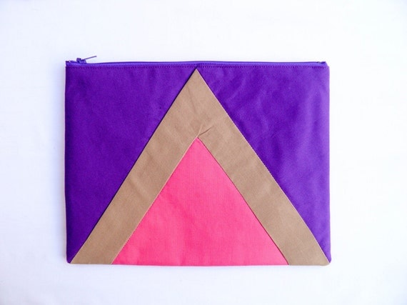 Geometric XLARGE zipper pouch 10 x 8 inch triangle purple camel and hot pink