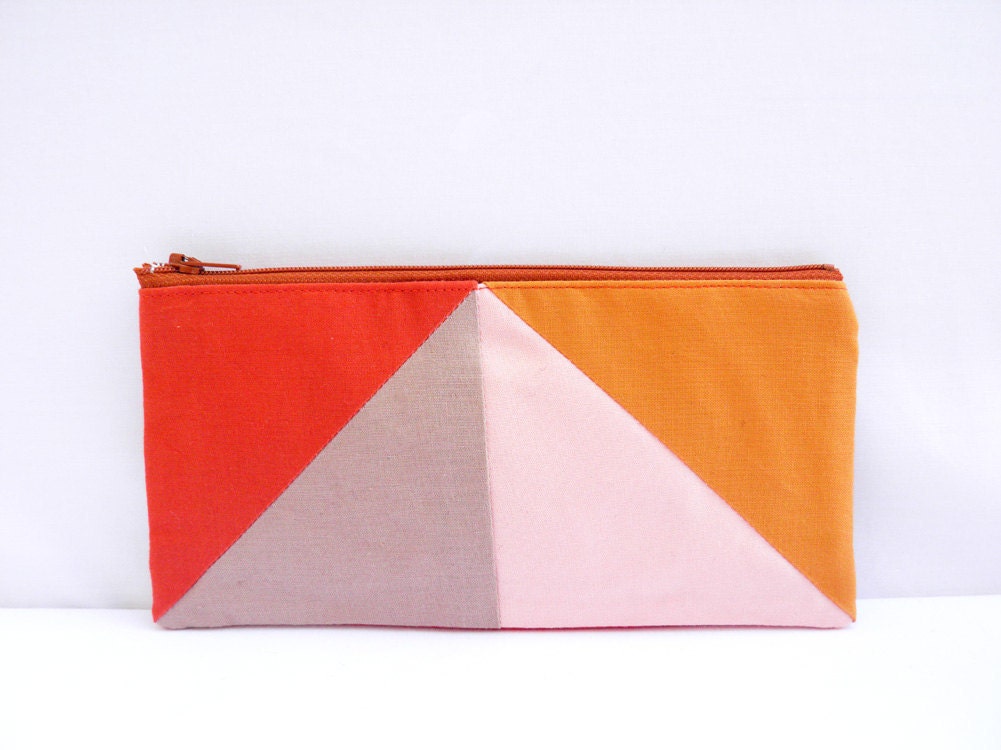 Neon zipper pouch 4"X8"  geometry  pencil case in paprika camel peach and apricot