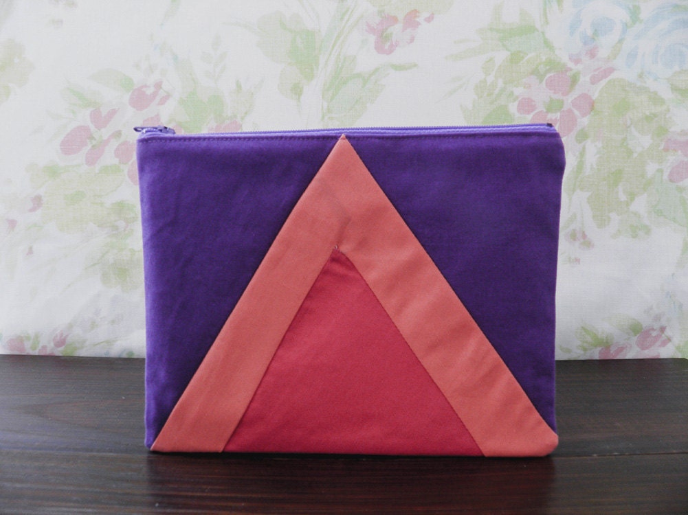 Large zipper pouch 6"X8"  geometry color block in violet coral fushia