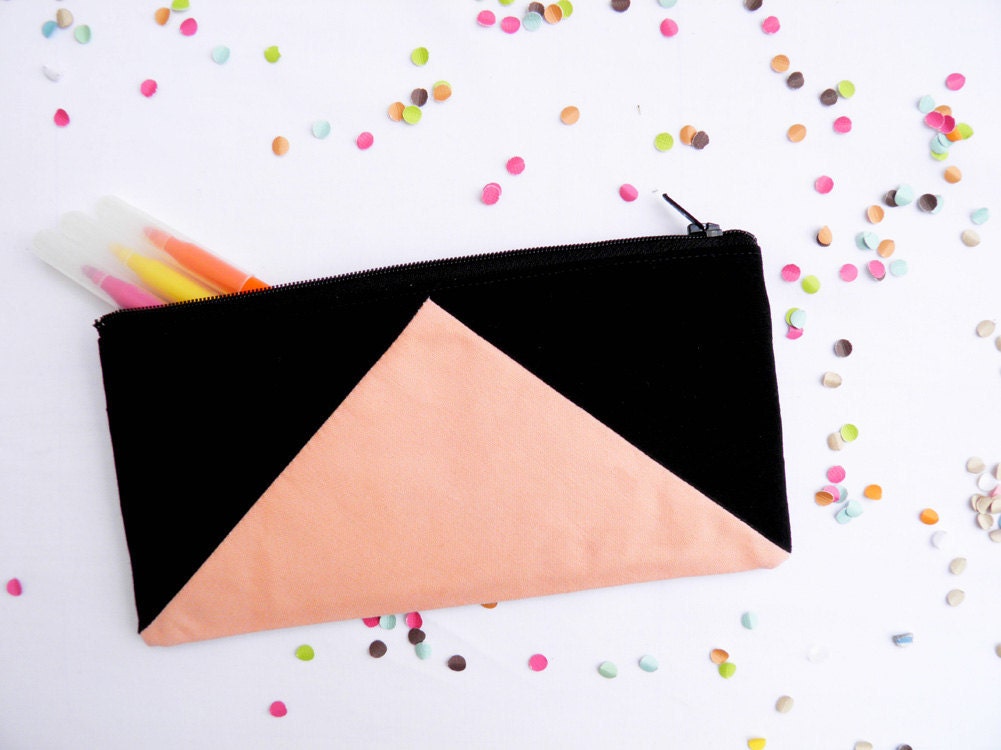 zipper pouch 4"X8"  geometry  pencil case black peach