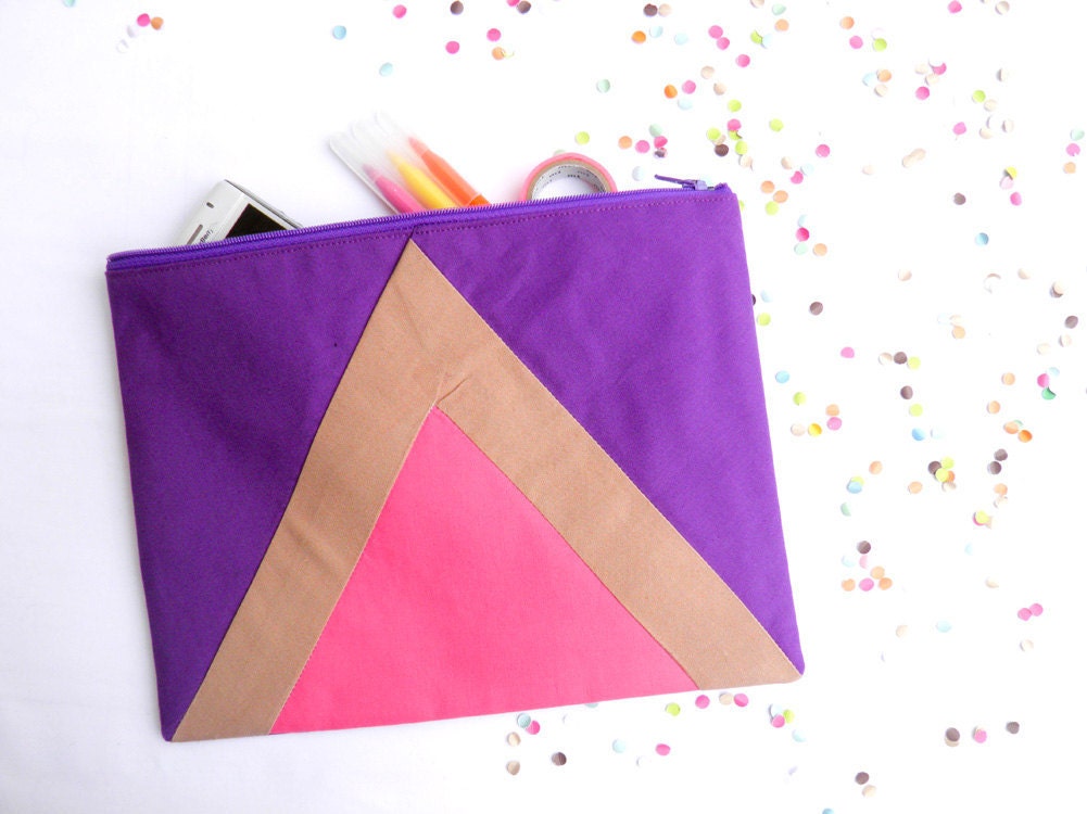 Geometric XLARGE zipper pouch 10 x 8 inch triangle purple camel and hot pink