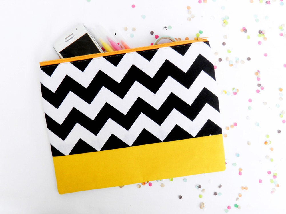 Neon XLARGE zipper pouch 10 x 8 inch geometry color block black and white and yellow