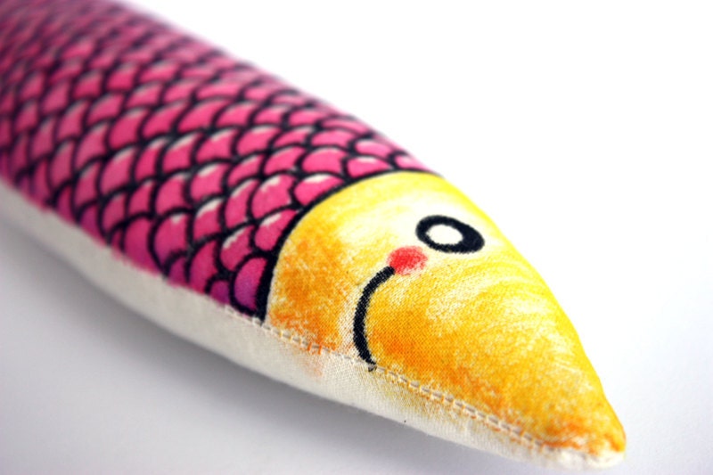 Fabric Hand painted nautical decoration, child friendly pink stuffed fish sardine