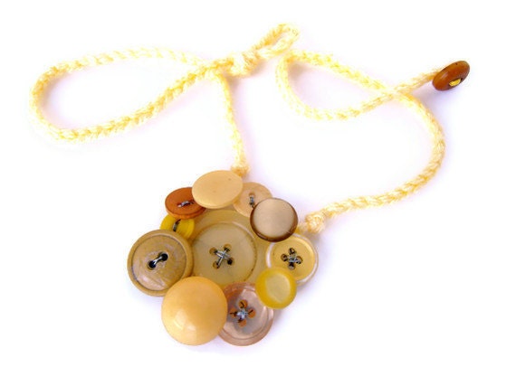 Yellow vintage button necklace - Pass the mustard  Yellow fall vintage button collage wire wrapped on a crochet necklace. - BeachPlumCottage