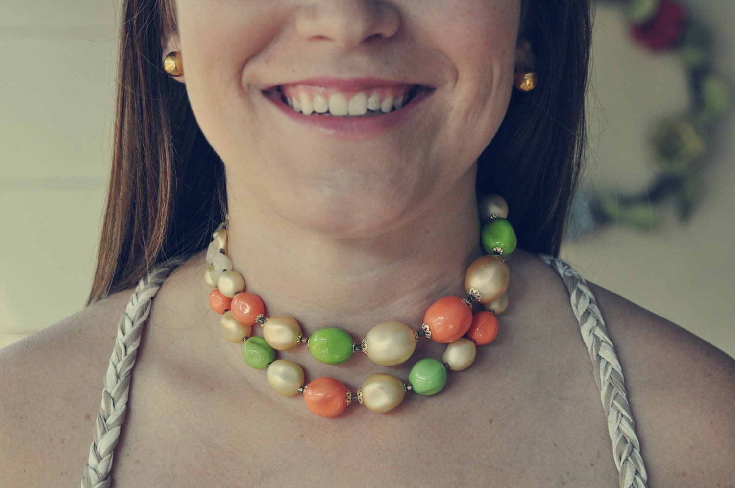 TWO Vintage Faux Pearl and Bright Colored Bead Choker Necklace Marked Japan