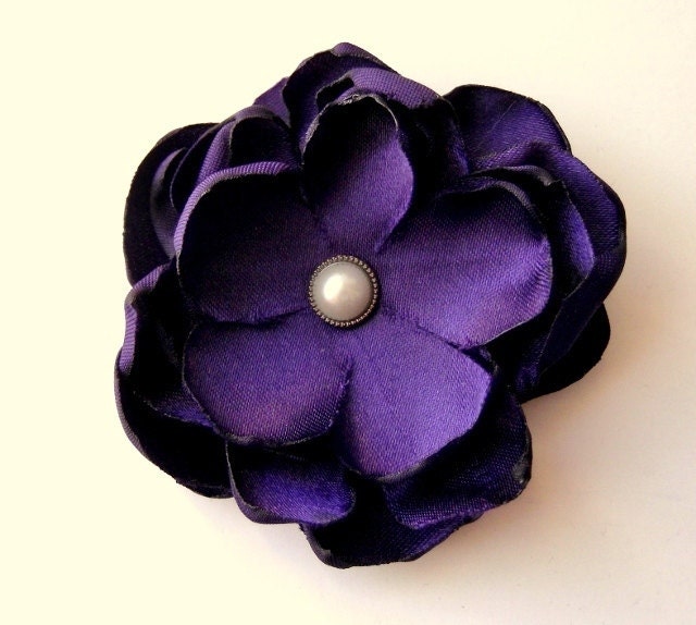 Lapis Purple Fabric Flower Hair Clip, Bridal Gift Wedding Bridesmaids, Satin Fabric Flowers, fall Autumn, Pearl Petals