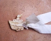 Silver white choker necklace - rustic boat on silver silk ribbon - ceramic handmade