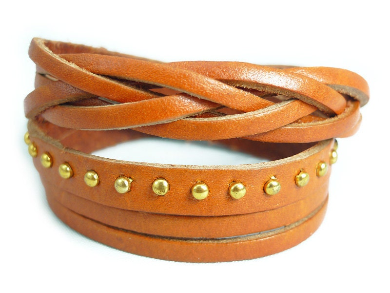 Fall Color Leather Gold Metal Rivets Braided Mixed Style Leather 
Bracelet