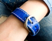 Simple Gem Blue Leather Cuff With Buckle and Adjustable