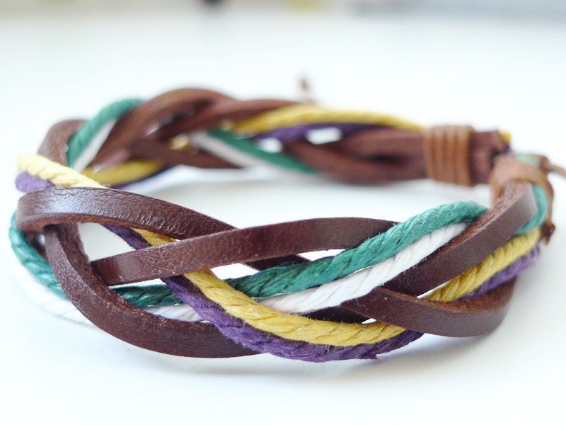 Brown Leather Multicolor Rope  Braided Bracelet