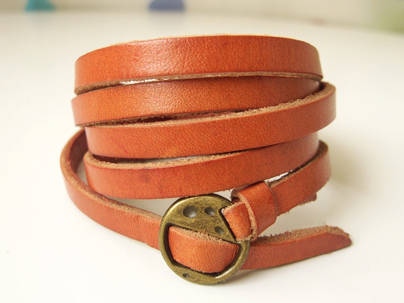Elegant & Chic Orange Leather Wrap Bracelet With Copper Buckle-Autumn