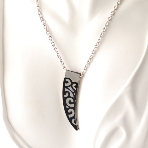 Black and SIlver VIne Horn/Tusk  - Stainless Steel Pendant with Invisible Bail