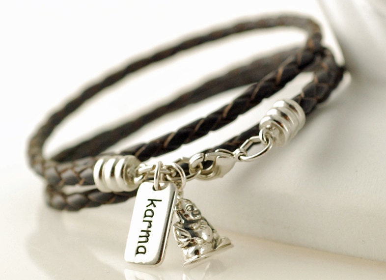 Womens bracelet, leather cord wrap, happy buddha charm, karma personalized tag, womens jewelry