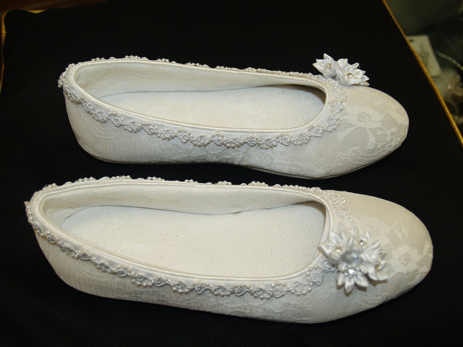 Brides Flats  Satin & lace Vegan Shoes trimmed with lace, pearls, and satin flowers cluster
