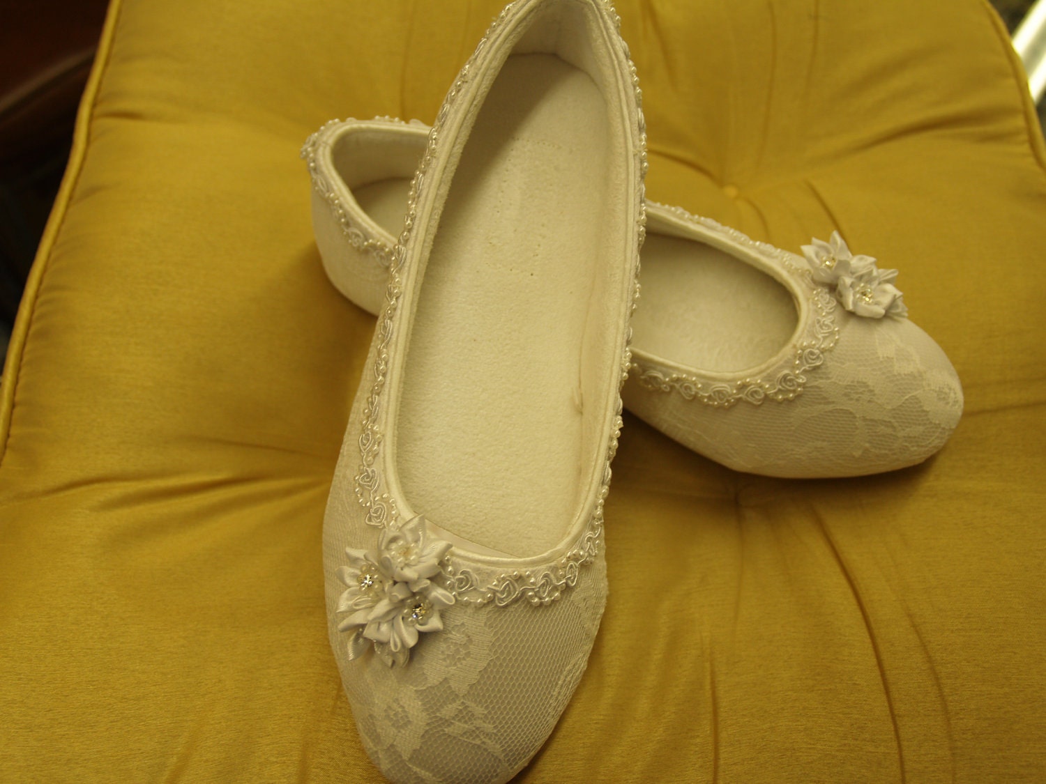 Brides Flats  Satin & lace Vegan Shoes trimmed with lace, pearls, and satin flowers cluster