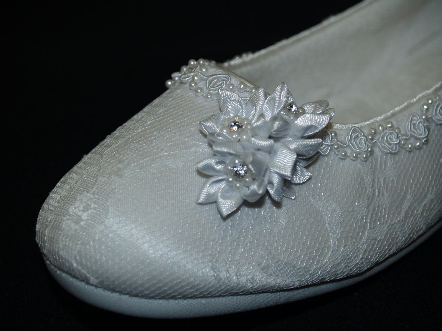 Brides Flats  Satin & lace Vegan Shoes trimmed with lace, pearls, and satin flowers cluster