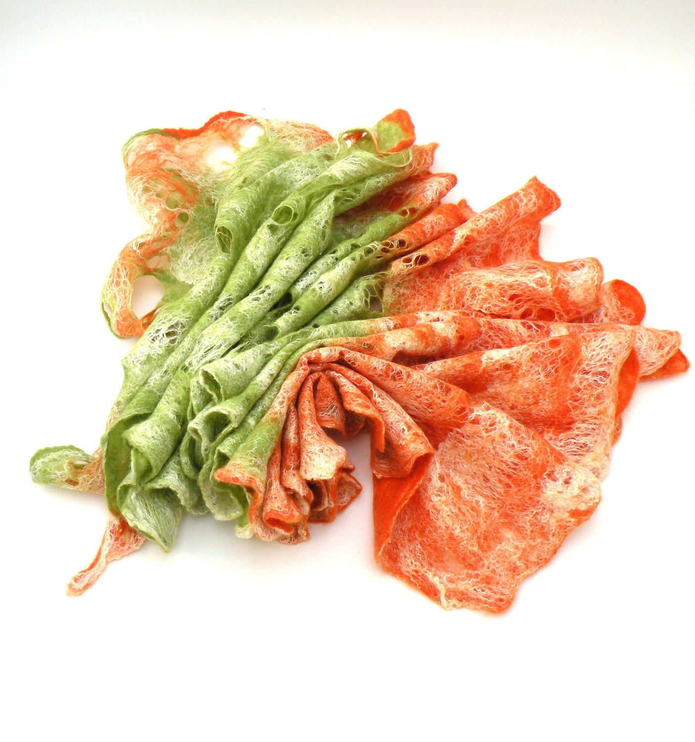 Cobweb wet felted merino wool and silk orange green scarf - felted scarf - winter autumn fall fashion - autumn scarf - made to order