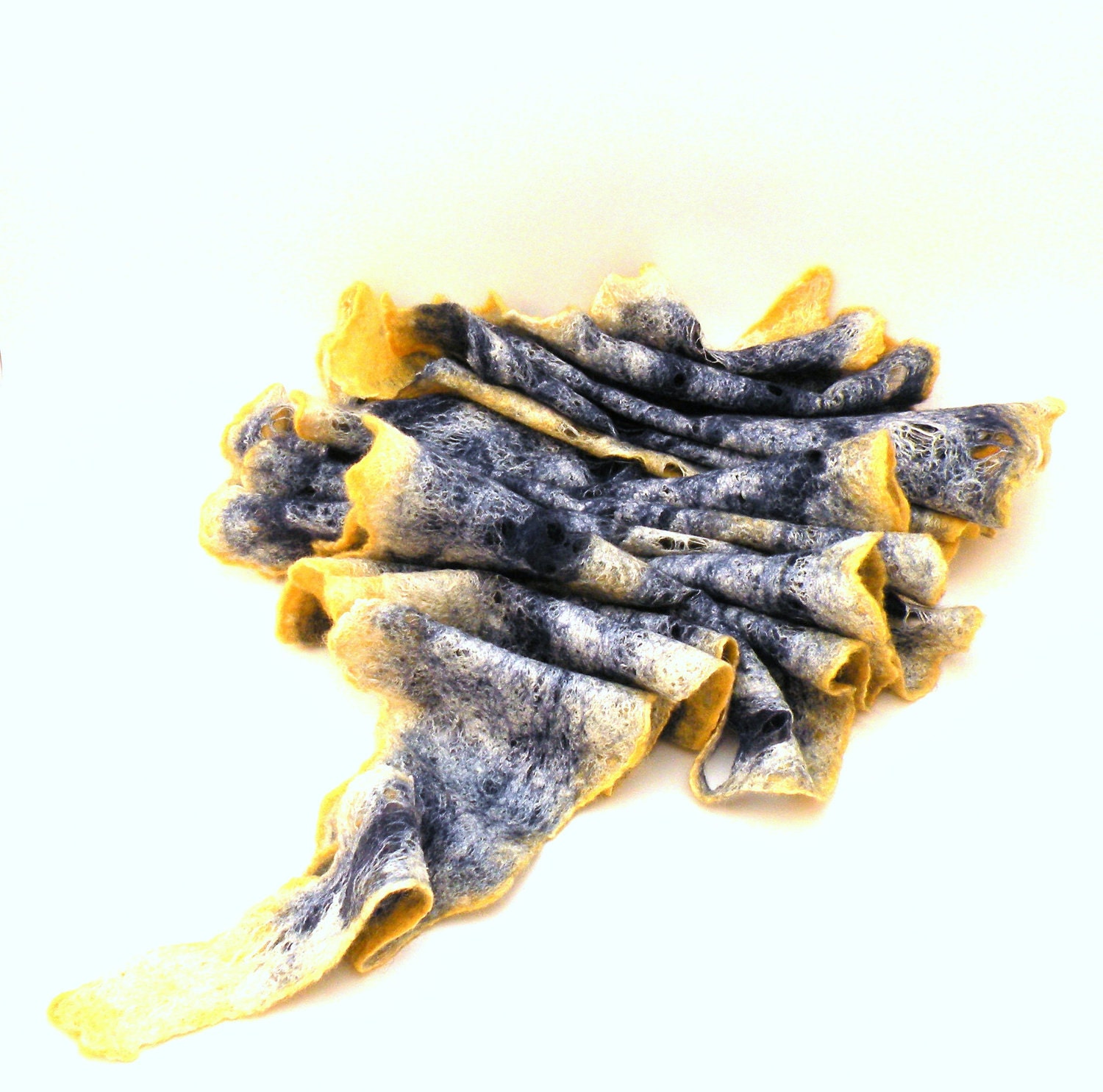 Women cobweb felted woool and silk scarf, navy blue and yellow scarf - made to order