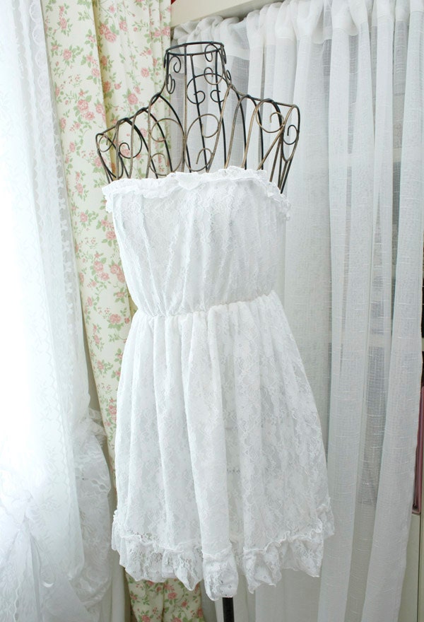 White Lace Dress - strapless ruffles trim mini dress top