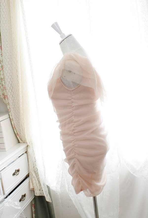10% OFF SALE one shoulder dress chiffon floral petals ruffles cape bodycon tulle pale pink dreamy romantic Pastel