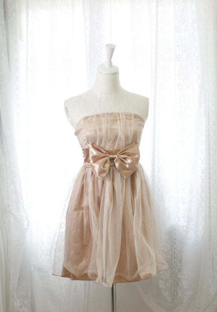 Strapless party cocktail dress champagne brown satin tutu tulle smocked back women dreamy romantic