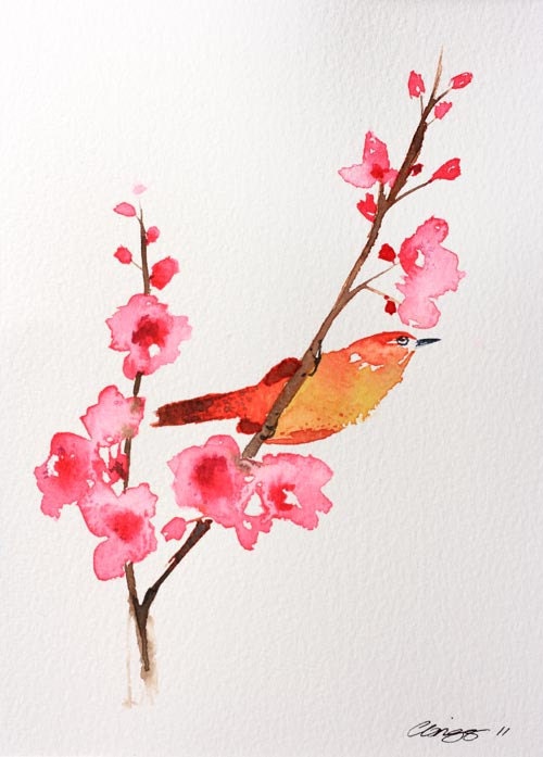 Pretty Branch & Bird original watercolour painting 8 x 10 inches
