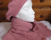 Dusky pink lacy hat and scarf set hand-knitted in acrylic & wool mix