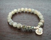 Women's Labradorite Chakra Mala Bracelet - Silver Lotus & Moonstone Dangle - Yoga, Buddhist, Prayer Beads, Jewelry - Free Shipping