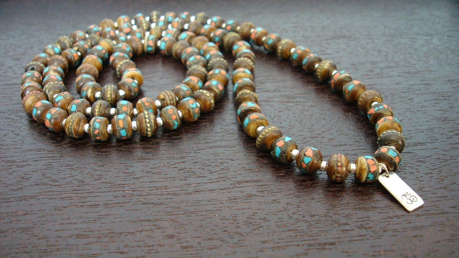 108 Tibetan Turquoise & Coral Bone Mala - Necklace and Wrap Bracelet - Buddhist, Yoga, Meditation, Prayer Beads, Jewelry - Free Shipping