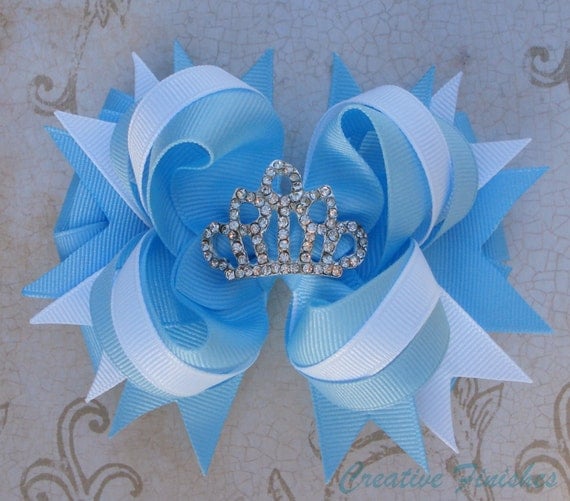 Cinderella Hair Bow Tiara Rhinestone Center White and Blue Princess Bow