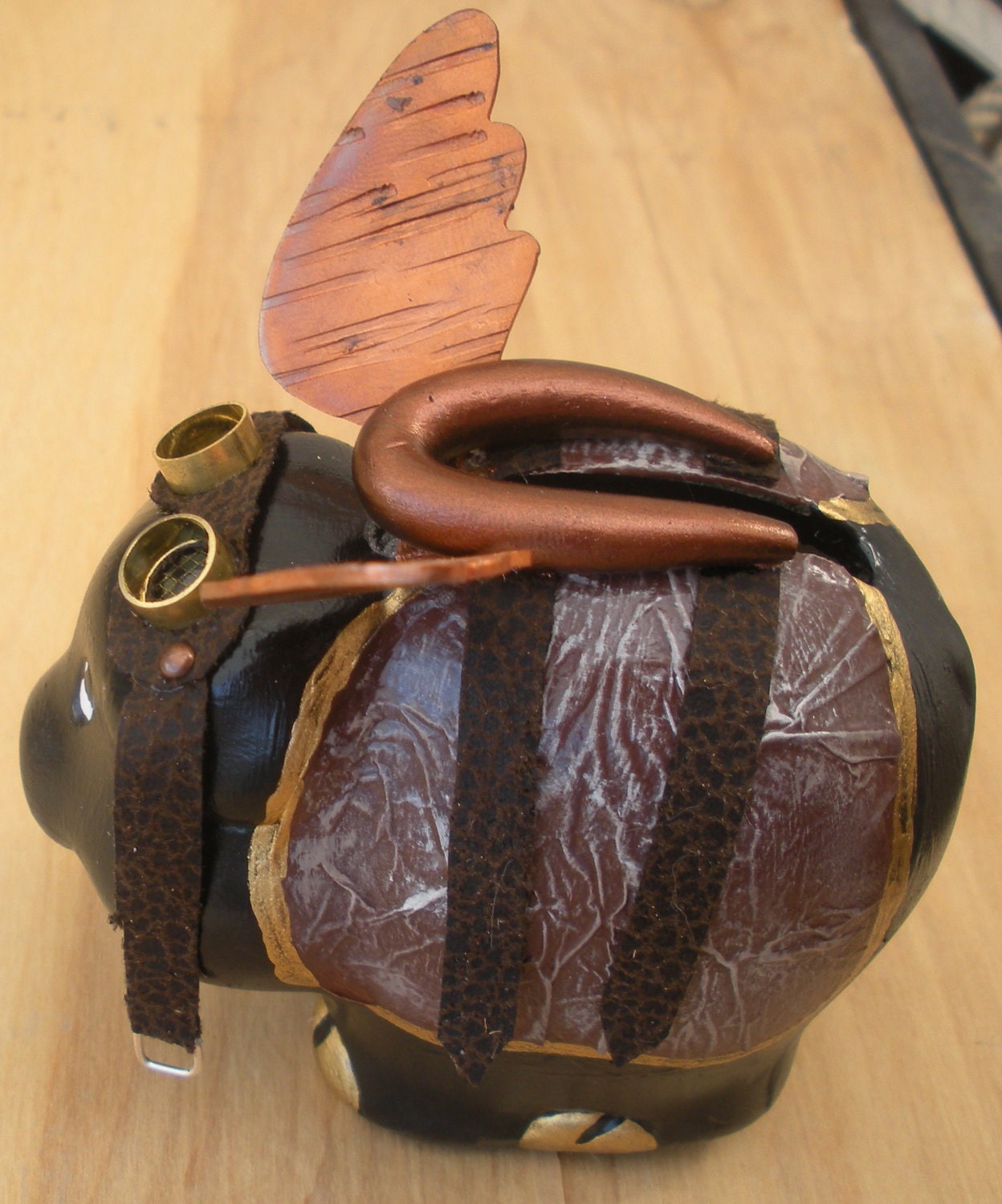 Steampunk Style Flying Pig with Copper Wings and Brass Goggles Piggy Bank