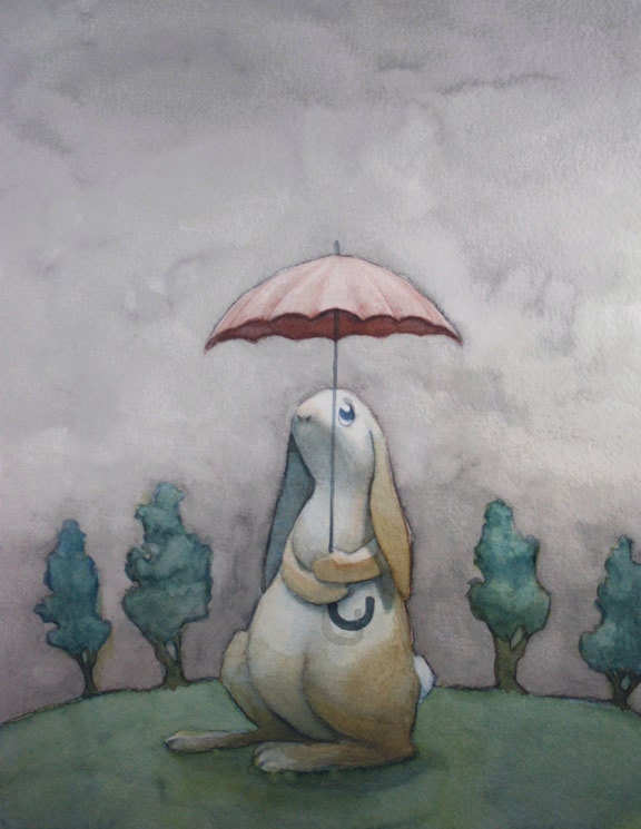 Mini art print - Scattered Showers - Cute little bunny with an umbrella on a rainy day-  4x6 art print of a watercolor painting