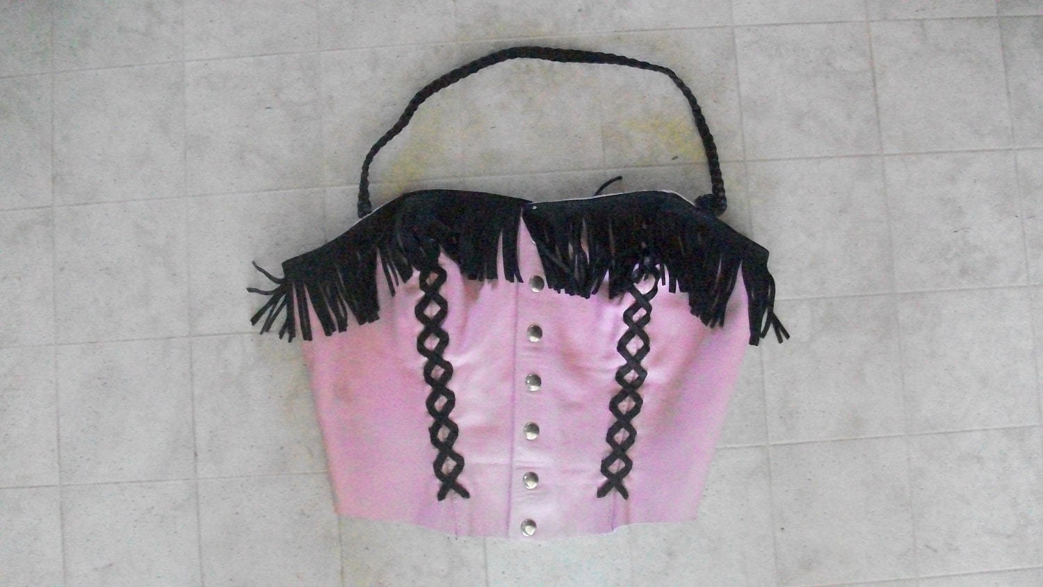Pink and Black Leather Halter Corset Costume Top