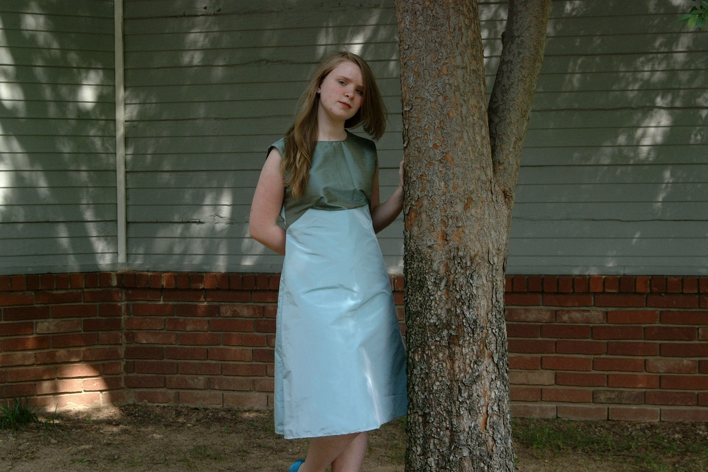 Tiffanys Blue and Steel Blue Grey Taffeta and Satin Retro 60's A-line Dress