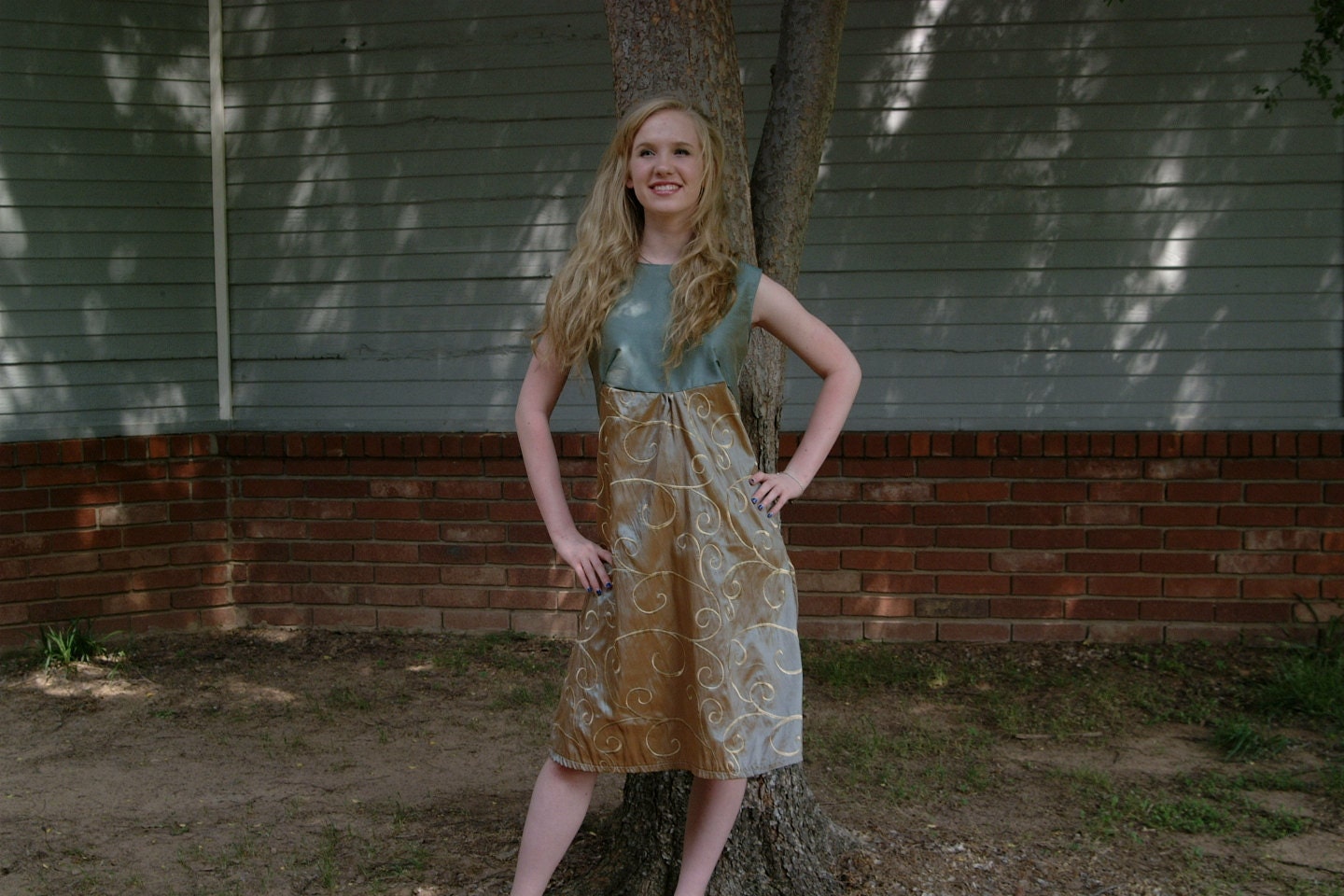 Steel Blue Taffeta with Gold and Blue Taffeta and Gold Scrolling Retro 60's A-line Dress