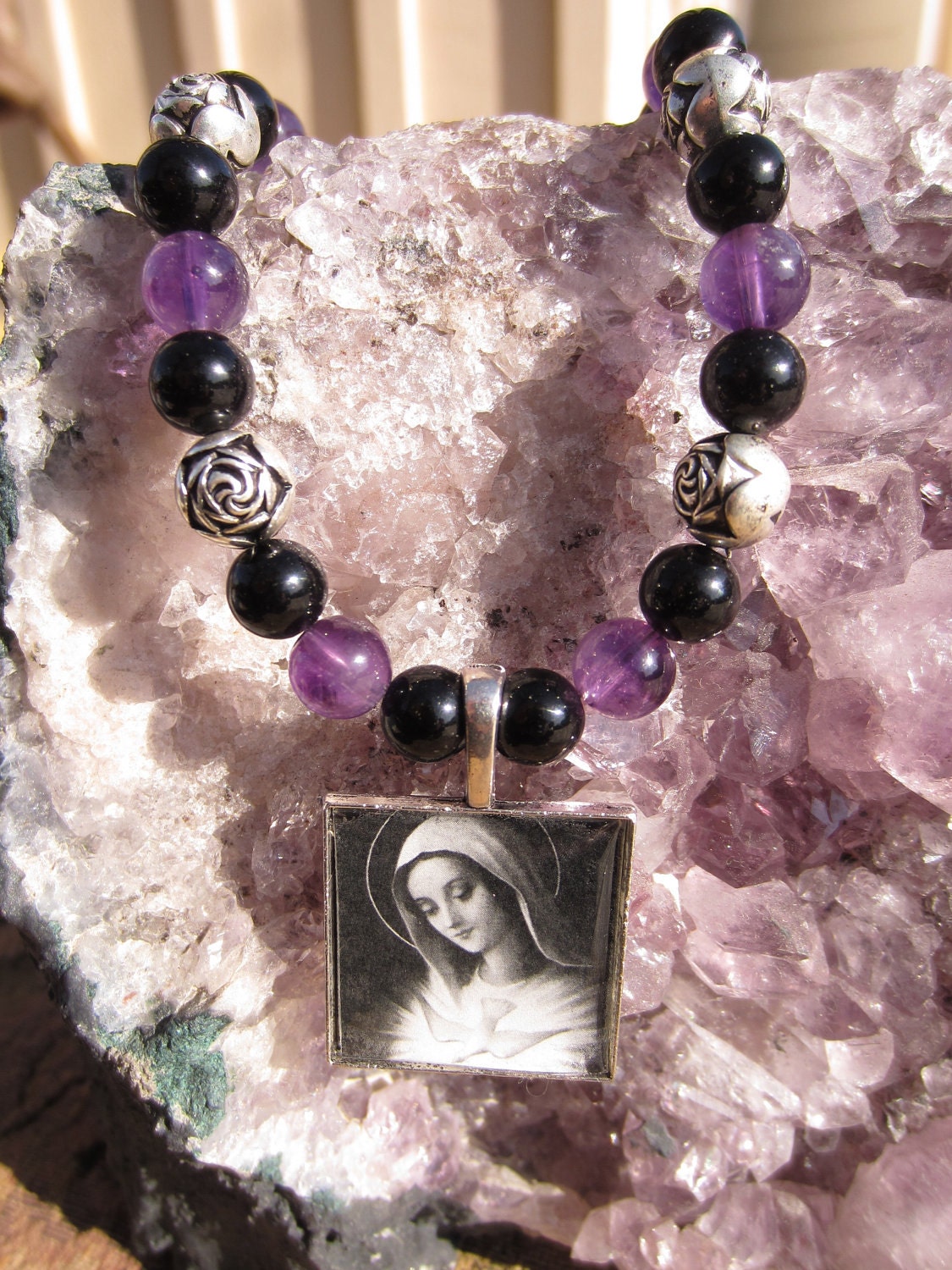 Mother Mary purple quartz and obsidian goddess rosary necklace