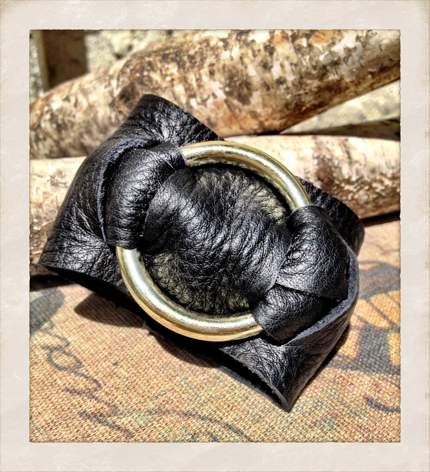 Soft Black Leather cuff bracelet with gold ring, women's black leather cuff bracelet with gold hardware by torn to pieces