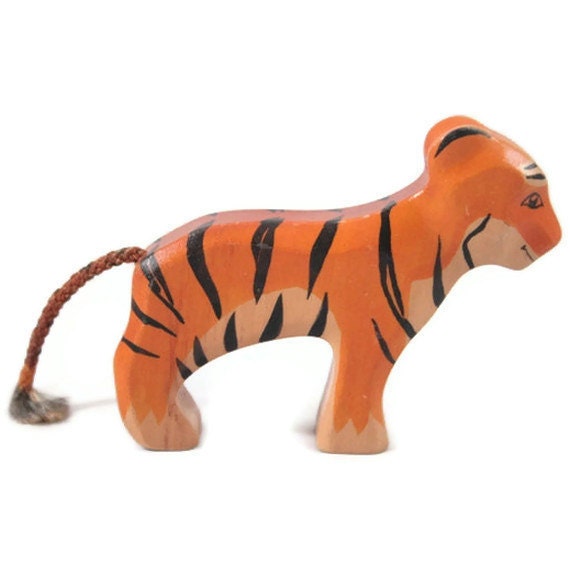 Toy Tiger Baby woodencolurful orange black stripes standing Size 9,5 x 7,0 x 2,0 cm (bxhxs)  approx. 31,0 gr. - GeorgiaWoodenToys