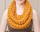 CROCHET SCARF INFINITY cowl circle continuous mustard gold yellow wool blend thick hipster