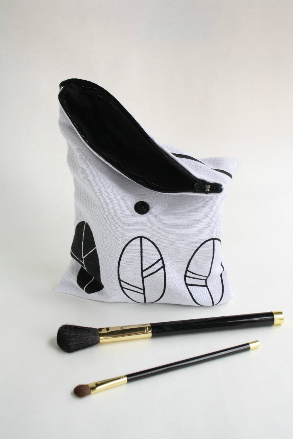 Hand printed  POUCH - White clutch purse with leaves screen printed