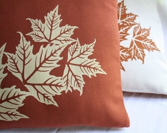 CUSHION COVER in natural or brown with leaves handprinted
