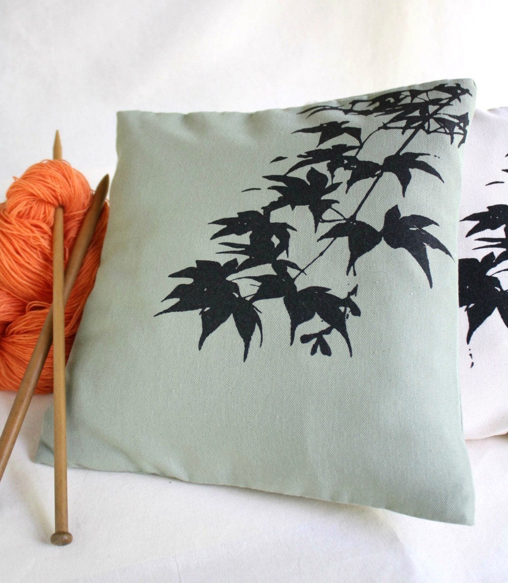 Maple branch CUSHION COVER Natural or green handprinted