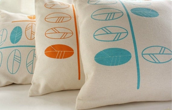Cushion covers - turquoise leaves screen printed