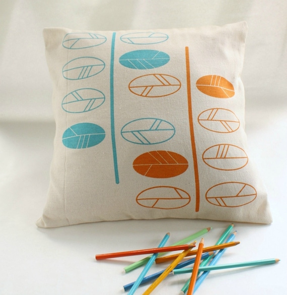Screen printed CUSHION COVERS - Spring colors throw pillow - Orange and turquoise leaves